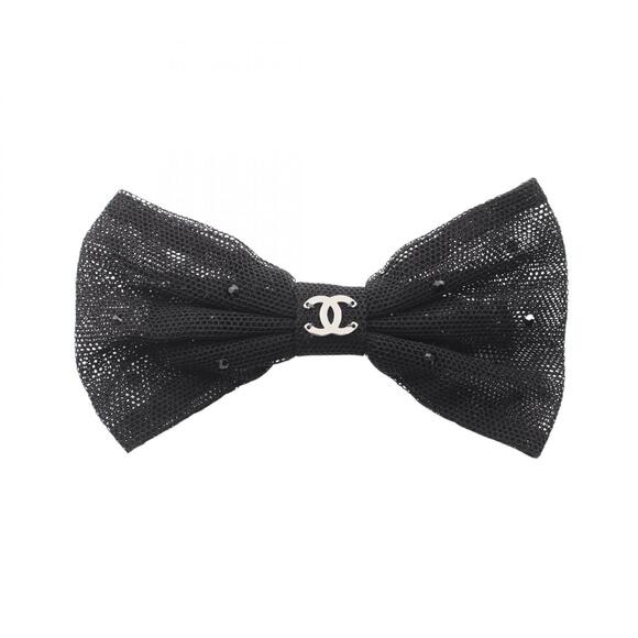 CHANEL Accessories - Chanel Coco Mark Ribbon Barrette Accessory, Fabric, Rhinestone, Women's, Black